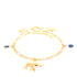 The Blue Evil Eye and Elephant Charm bracelet or anklet is crafted with a Figaro link chain, featuring 14k gold-filled elephant charms and blue evil eye pendants. Its delicate chain is embellished with several hanging elements, creating visual interest in the piece.
